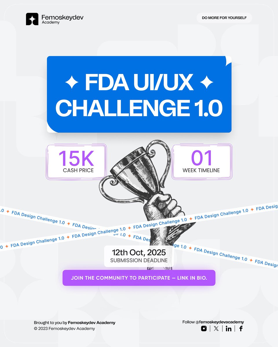 Femoskeyacademy's tweet photo. Hello Best Friends! 🤍🖤🤍

We’re excited to kick off the FDA Design Challenge

How to Join:
1️⃣ Follow @femoskeydevacademy on all Instagram, X and Facebook
2️⃣ Click the link in bio to join the community to participate or visit https://t.co/Ql3nyKEaVC

Let’s DO MORE TOGETHER🫵🏼 https://t.co/zZKB2716ID