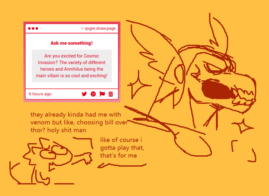 doing a strawpage thread on bsky cuz it doesnt clog up my media tab like it does here
handful of responses ive done so far, send me some stuff and ill probably doodle up a reply
https://t.co/TBHl8FTO16