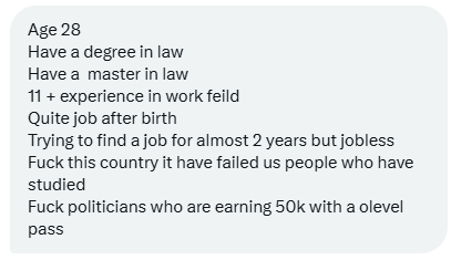 HKurusee's tweet photo. A 28 year old law graduate with a master’s degree and 11+ years of experience has been jobless for nearly 2 years after giving birth. Says the system has failed hardworking, educated people like while the unqualified like @shiuna_m thrive. #MvInflation https://t.co/mhc0pQA5BI