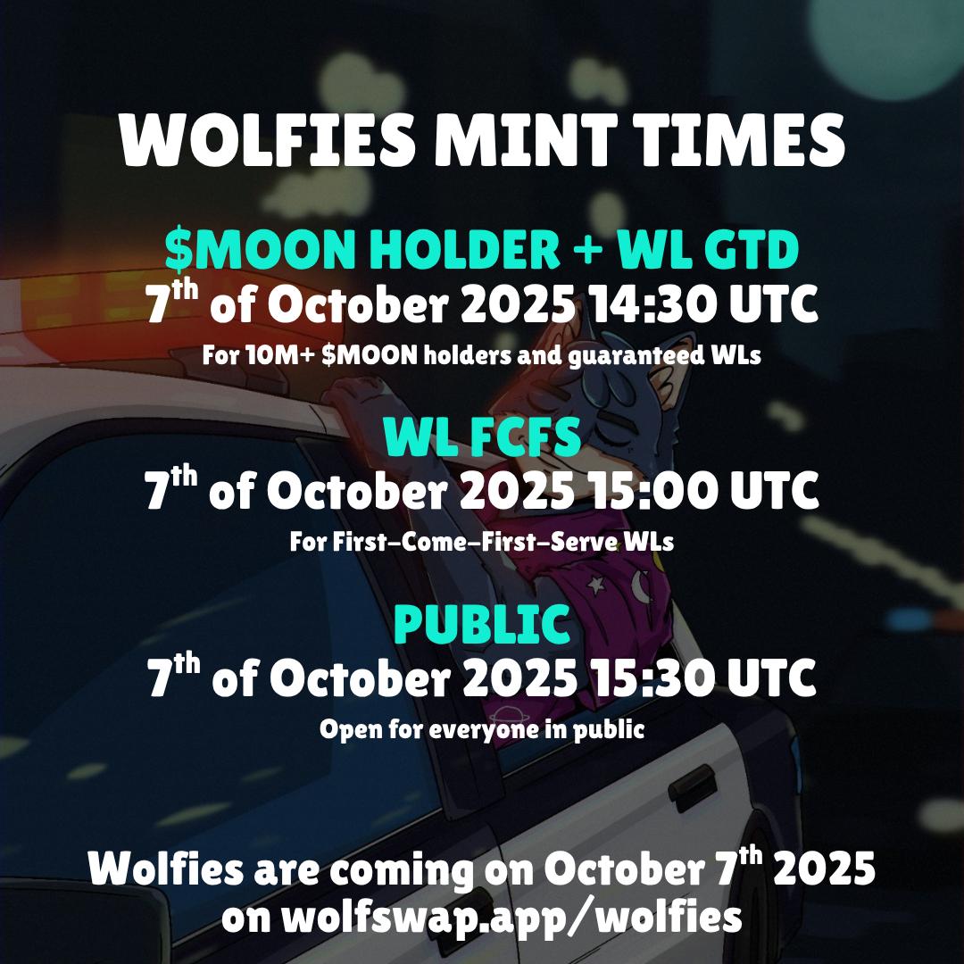 Mark your calendars, tell your significant other you're busy, and buckle up!

The Wolfies are about to unleash in the following times on October 7th on <a href="/wolfswapdotapp/">Wolfswap | Swap & Earn</a> for $36 in $CRO for WL + $MOON Holders phases, and $40 in $CRO for the public!

Did you get your WL yet? 🐺