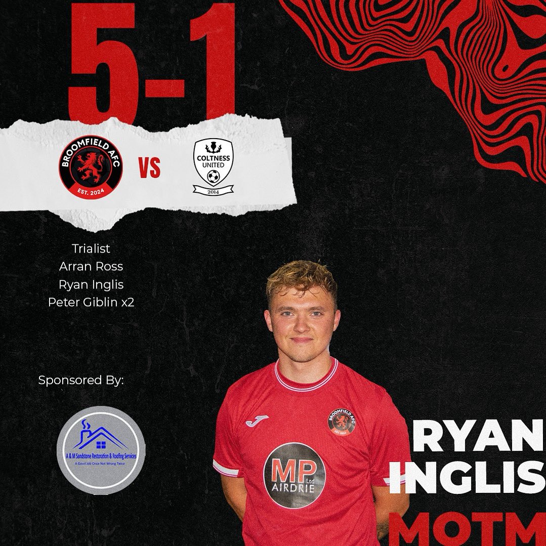 A&amp;C Premiership 
Matchday 1

Broomfield AFC 5-1 Coltness Utd

Peter Giblin⚽️⚽️
Ryan Inglis ⚽️
Craig Cummings ⚽️
Arran Ross ⚽️🅰️
Jamie Wilson 🅰️
Cammy Logan  🅰️
Lewis Todd 🅰️

Refs MOTM: Ryan Inglis 🔥 

MonTheBroomy⚫️🔴

<a href="/scottish_aff/">AmateurFixturesResultsSCO</a>