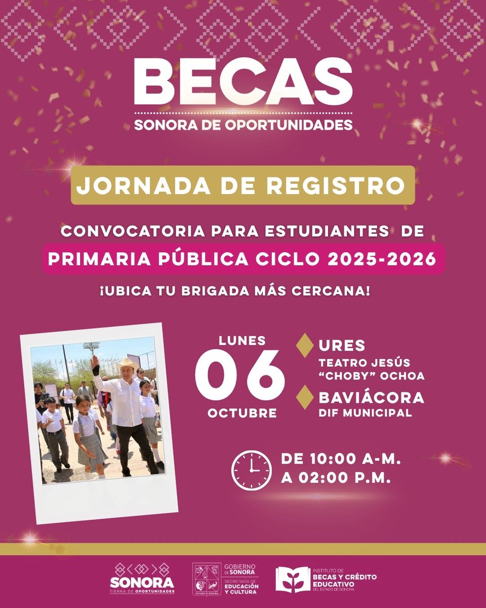 BecasyCredito's tweet photo. 📢 ¡Atención madres y padres de familia! 

La jornada de registro para la convocatoria Becas Sonora de Oportunidades para estudiantes de primaria pública del ciclo escolar 2025-2026 vuelve al #RíoSonora. 🙌

📚 Te esperamos en el #Ures y #Baviácora para apoyarte con tu registro.¡Que tu hija o hijo no se quede fuera!