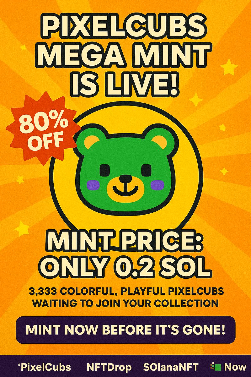 _HexForge_'s tweet photo. 🚀 MEGA MINT IS LIVE! 🧸💥
Grab your PixelCubs NFT now with a massive 80% OFF — only 0.2 SOL for a limited time! ⏰
👉 Mint now:
https://t.co/NshBkhl61d
#PixelCubs #SolanaNFT #NFTDrop #MintNow #CubArmy https://t.co/S2jw9y4Kbd
