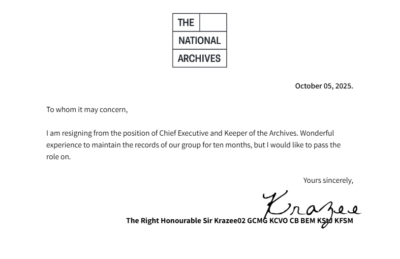 Official release from the Chief Executive and Keeper of the Archives.