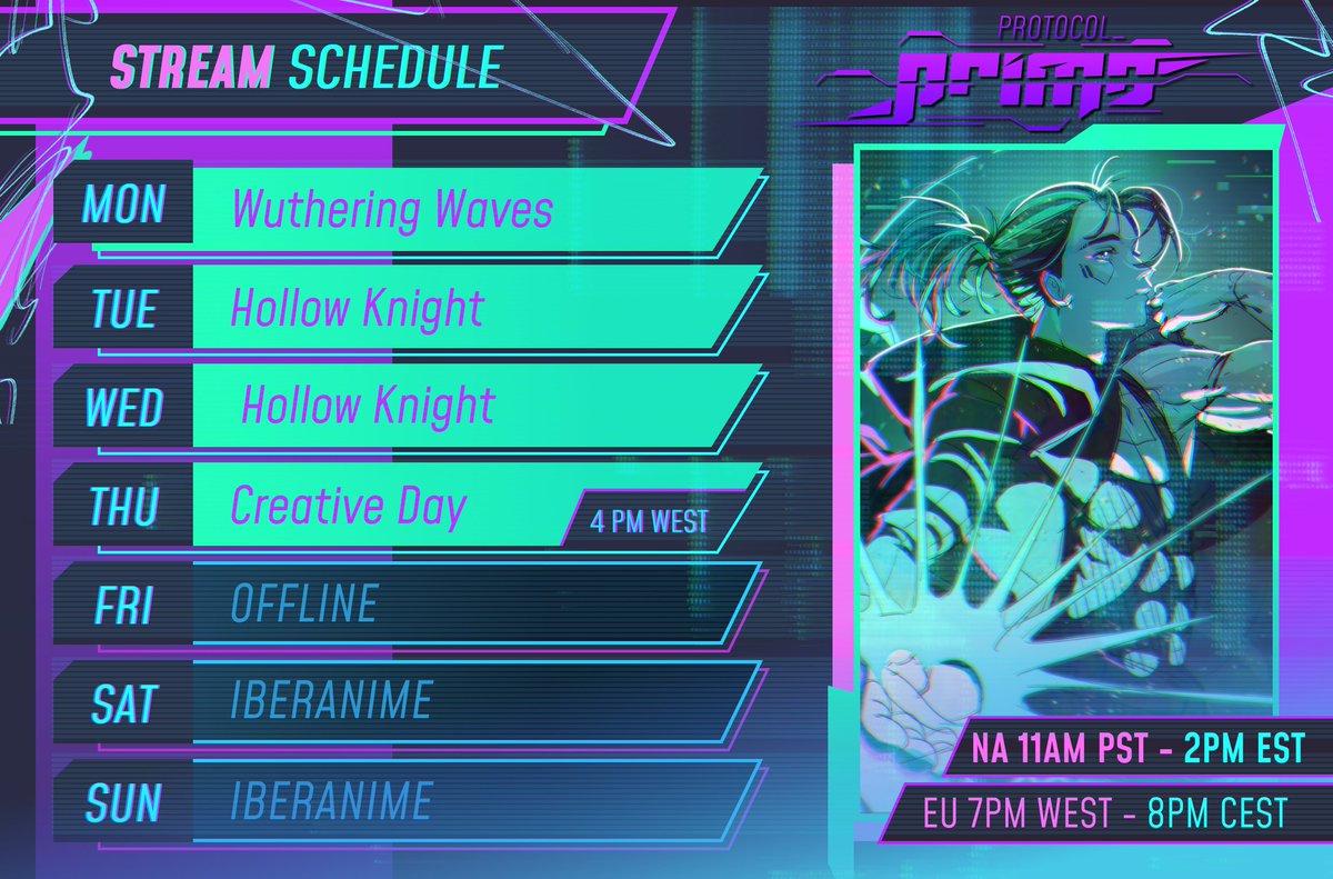protocol_PRIMO's tweet photo. Hey chooms, here's the sched'!
Mon: Gacha day with WuWa
Tue&amp;Wed: Revisiting one of my favorite games!
Thu: Working on Spooktober stuff!
Might IRL stream over the weekend to test stuff at the con!

💬#protocol_PRIMO
🎨#protocol_ART

Art: @/Yeony VGEN
~See ya on the subnet~
💤💻 https://t.co/zGGZq0LbU0