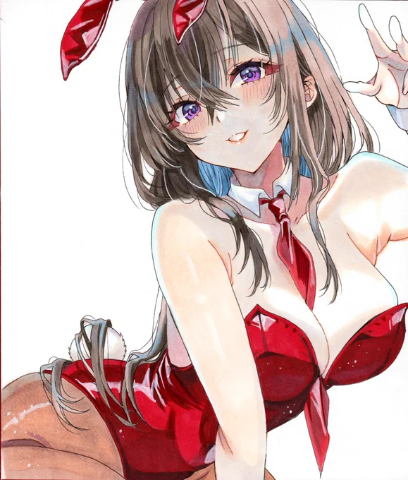 赤バニーちゃん アナログイラスト 色紙 オリジナルイラスト