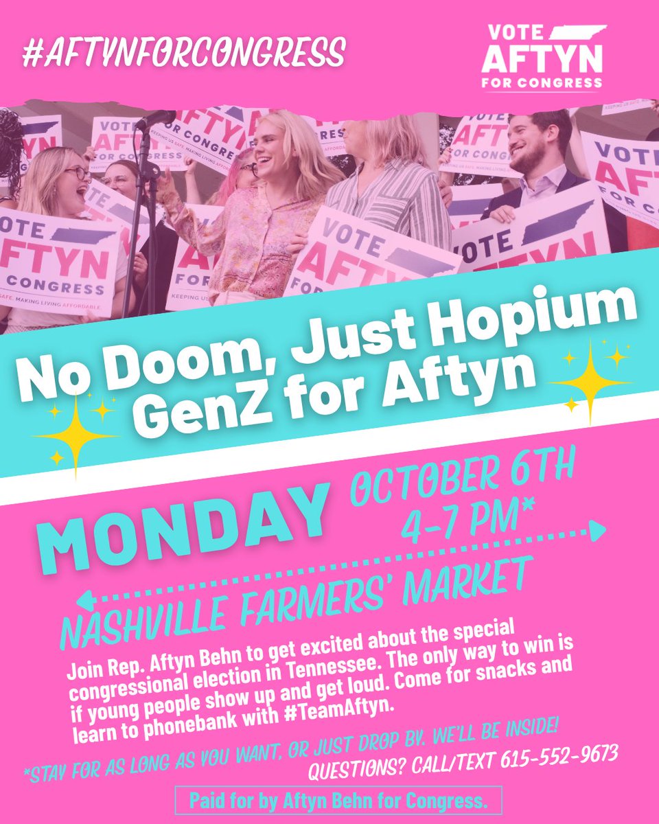aftynfortn's tweet image. NO DOOM, JUST HOPIUM 🌈💖✨

Join Team Aftyn for the Gen Z Hopium Phonebank TOMORROW 4-7 PM— an evening of calls, political lore &amp;amp; unapologetic optimism. We’re turning hope into power across TN-07. Be the main character in our democracy 😍 #GenZVotes