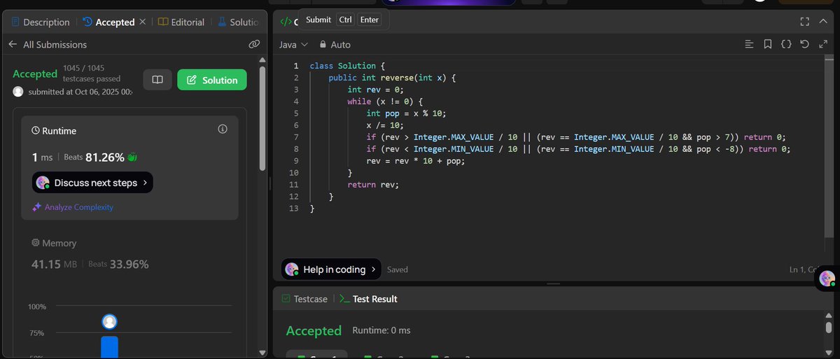 SoumyajitSingh_'s tweet image. Day 12/100 – #LeetCode100DaysChallenge
Problem: Reverse Integer
Time: O(log n) | Space: O(1) | Runtime: 1ms
Precision and caution are key in every algorithm.
#100DaysOfCode #LeetCode #Java #DSA #CodingChallenge #ProblemSolving #Zigbee