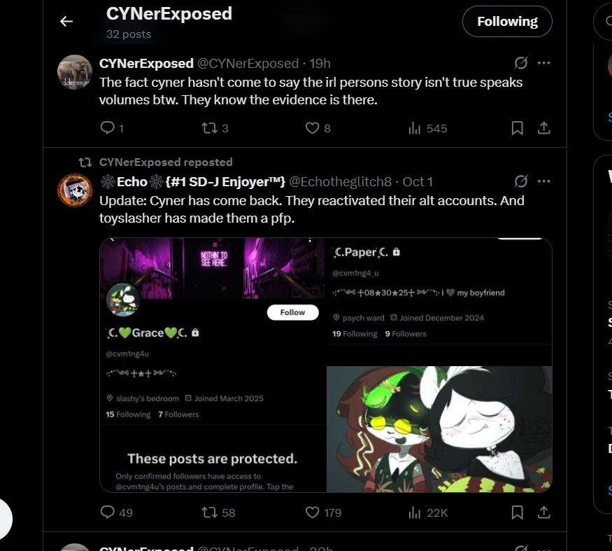 Murder_Drones's tweet photo. @Echotheglitch8 @gioston @Toyslasher @slvrcyn AND NOW, THE NEWS THAT'LL BREAK MURDER DRONES TWITTER FOREVER.

ECHO. DOXXED. CYNER. LIVE. PUBLICLY.

YOU HEAR THAT RIGHT. 
THE WHOLE ADDRESS LEAK, WAS DONE BY HIM. THIS ACCOUNT, CYNEREXPOSED, IS RUN BY ECHO. THEY ALL FOLLOW EACHOTHER AND SOME EVEN ADMITTED.

ECHO DID THIS. https://t.co/tnJkgjv9Hu