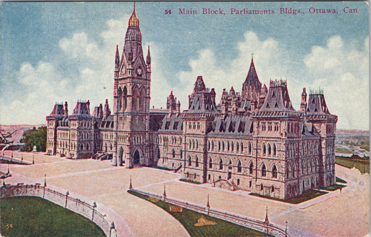 "Main Block, Parliaments Bldgs., Ottawa, Can." This card, numbered "54" by its unknown publisher, shows the original Centre Block. The card notes that the Parliament Buildings cost nearly $5 million in the 1860s and that the Centre Block (or Main Block) is 472 feet long, 572 feet