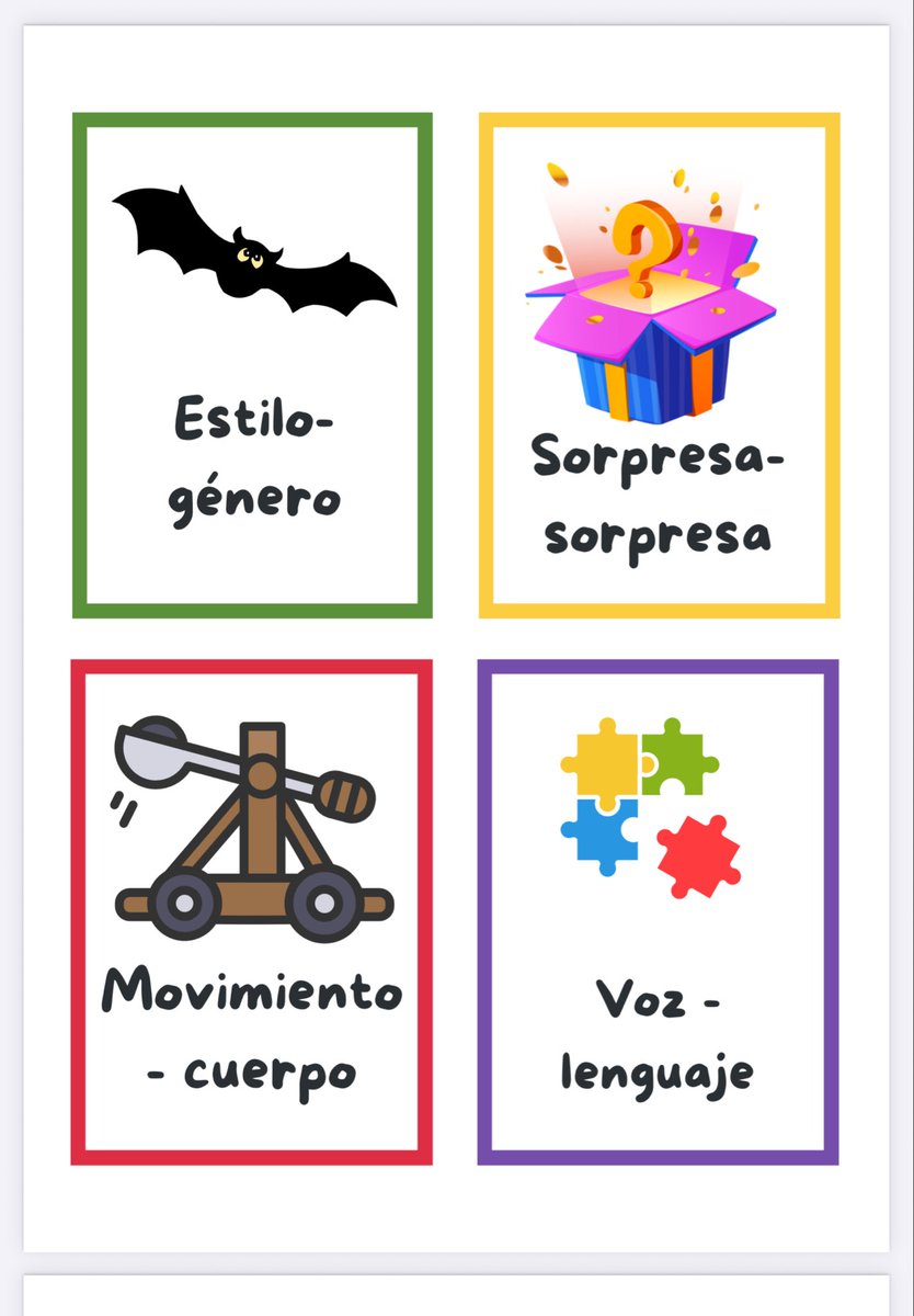 Comparto unas cartas que he creado para el trabajo de match improvisación. Están diferenciadas en 4 categorías: estilo-género, movimiento-cuerpo, voz-lenguaje y sorpresa-sorpresa. Si alguien quiere la plantilla de Canva que la pida. drive.google.com/file/d/1n9LfkE…
