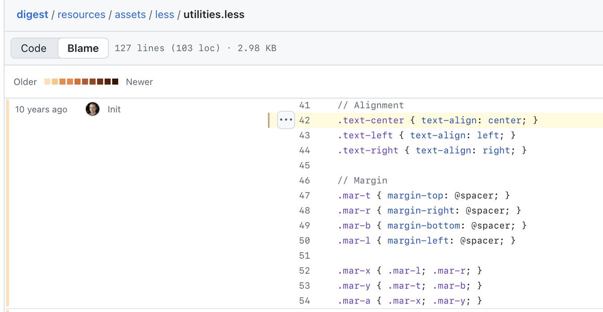 adamwathan's tweet image. 10 years since the first commit to the file that eventually became Tailwind CSS 🦕