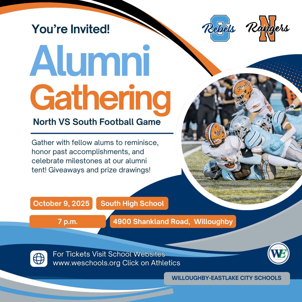 WESchools's tweet photo. 🧡 VS 💙! The friendly football rival of Eastlake North vs Willoughby South is happening on October 9th! We invite all alumni to visit our Alumni Tent and enjoy the football game! #WeAreRangers #WeAreRebels #WeAreWilloughby-Eastlake https://t.co/ZkAsBpoMPa