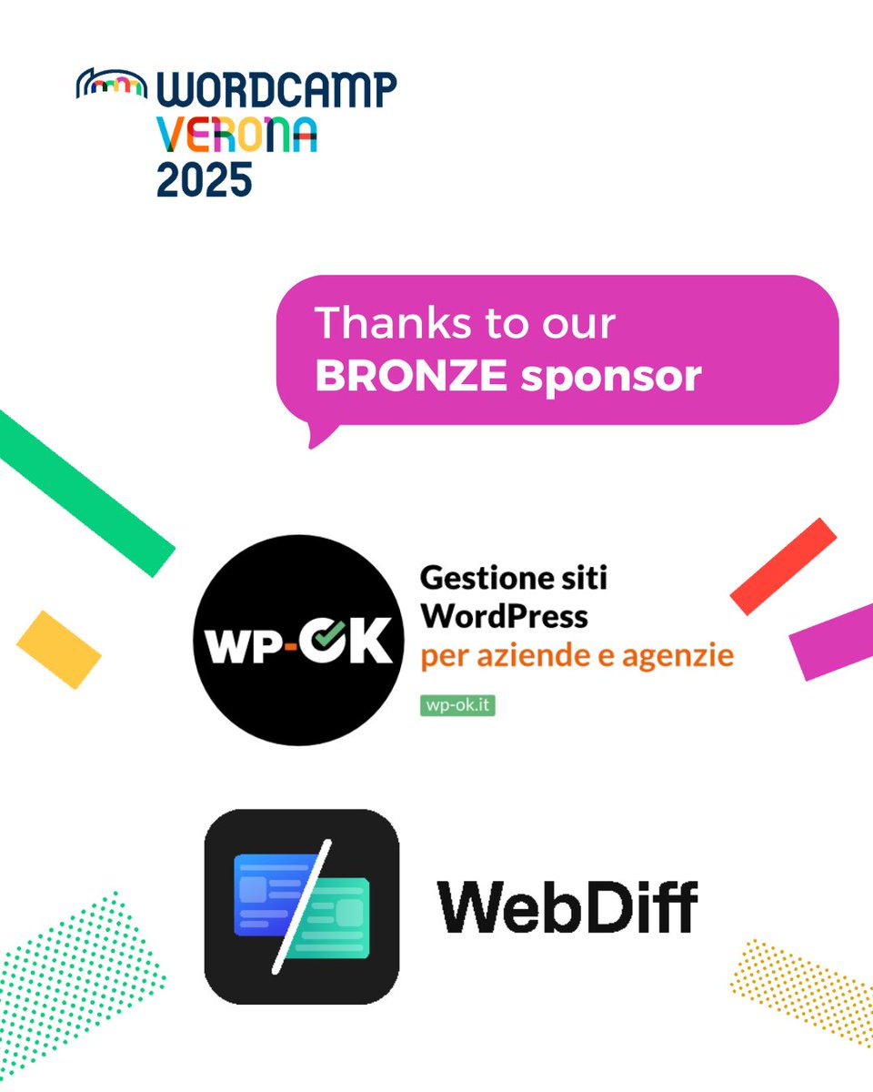 Grazie a WebDiff e <a href="/wpok_it/">wp-ok</a> per supportare come Sponsor Bronze questa edizione del WordCamp Verona

👉 Scopri gli sponsor nelle pagine dedicate sul sito del WordCamp Verona.

#wordcampverona2025 #wcvrn2025 #wordcampsponsor #webdiff #wpok #wordpressitalia