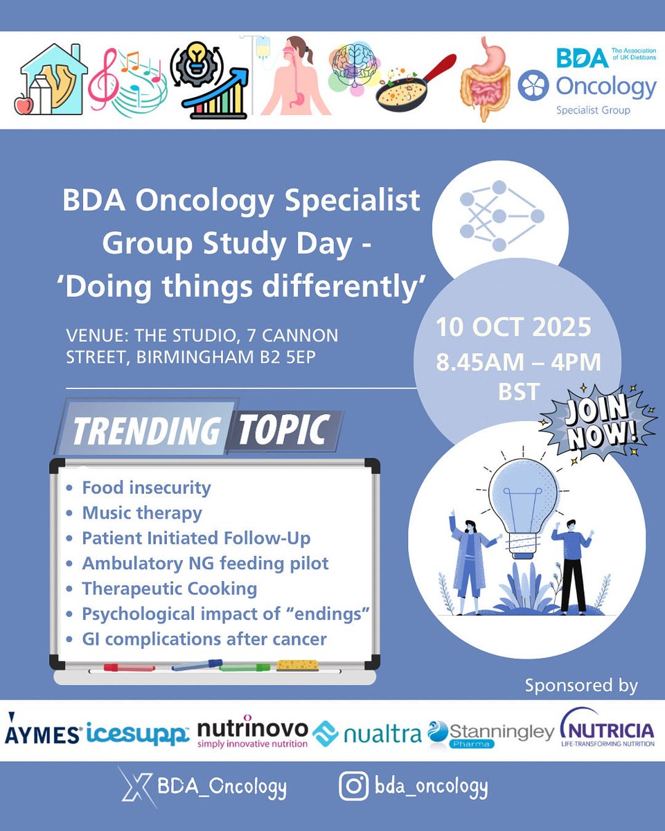 📢 BDA Oncology Study Day – Doing Things Differently
🗓 10 Oct | 📍 Birmingham

Explore the latest in #CancerNutrition — from food insecurity to music therapy &amp; more.
✨ Expert talks, networking &amp; CPD.

 ⏰ Few places left — register now:
🔗 bda.uk.com/events/calenda…
#cpd #Oncology