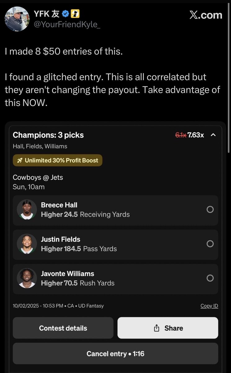 🚨 Giving away ANOTHER $100 to a random retweeter 🚨

Just smacked this for over $3,000. It just won't stop. The Twitter subs got this play Thursday night and it paid off.

LET'S. FUCKING. GO.

CODE KYLE RIGHT NOW TO JOIN THIS TRAIN. Play $5 to get $100.

play.underdogfantasy.com/p-yfk