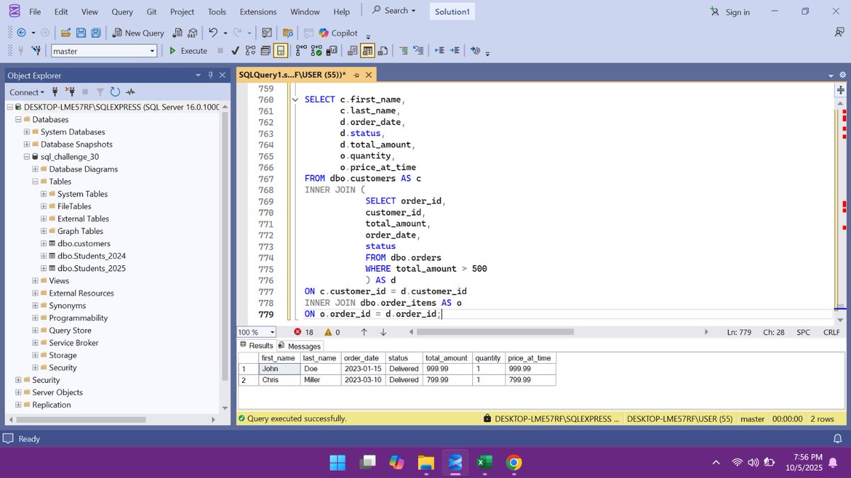 arucole001's tweet image. Day 21 of #30DaysOfSQL
Nested Joins + Subqueries in Joins (SQL Server Edition)
I’ve joined 2 tables before, now let’s link 3 or 4+ 💪🧵