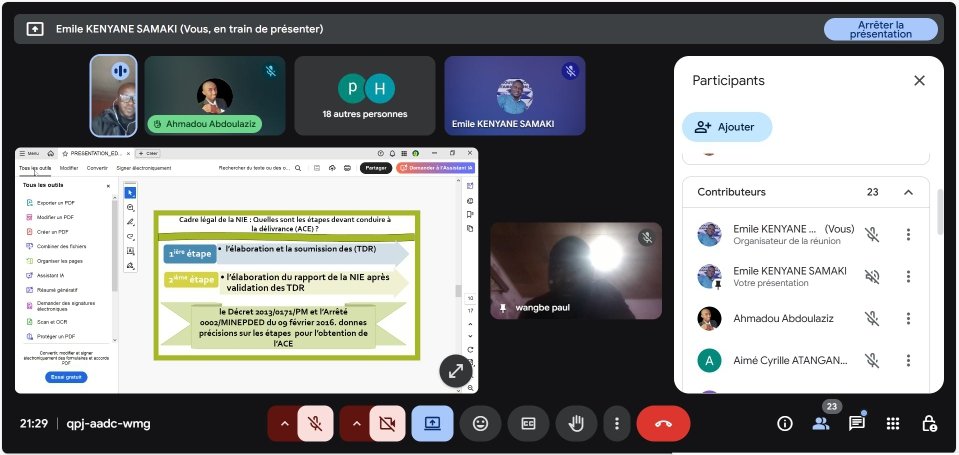 syjepddu's tweet photo. Retour 1er webinaire sur la formation sur l'élaboration de la NIE. 

Mlle MAIRAM Prisca, modératrice et M. NZOUNKE Edgar, facilitateur ont utilisé des bonnes techniques pour que les participants apprennent les généralités et cadre légal/ institutionnel de la NIE. https://t.co/wXPH622Zlc