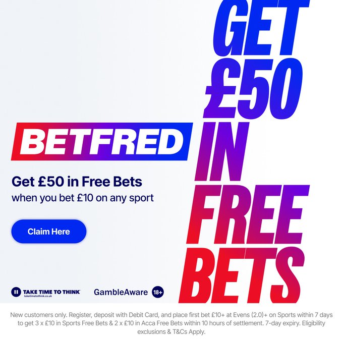 thetipsguide's tweet image. Bet £10 and get £50 in free bets!

Join &amp;amp; place a £10 bet on any sport at evens or above and get £50 in free bets.

Here 👉 bit.ly/Betfred1050

New customers only.

18+ gambleaware.org #AD T&amp;amp;Cs apply.