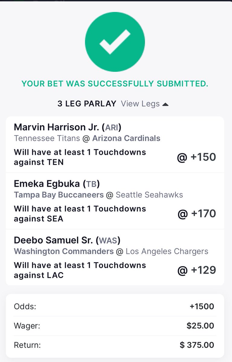 ChannelWave333's tweet image. Afternoon slate TD parlay +1500 
#MarvinHarrisonJr 
#EmekaEgbuka 
#DeeboSamuelJr 
🏈🏈🏈
#GamblingX #NFL #TDparlay