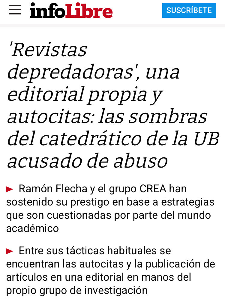 OIntegridadEsp's tweet image. Atención a esto que han investigado en @_infoLibre 

Nuevas revelaciones en la línea #DesmontandoAFlecha sobre cómo se han creado toda una serie de estrategias y entramados que pondrían en duda todo lo que rodea a Ramón Flecha y CREA. 

infolibre.es/politica/revis…