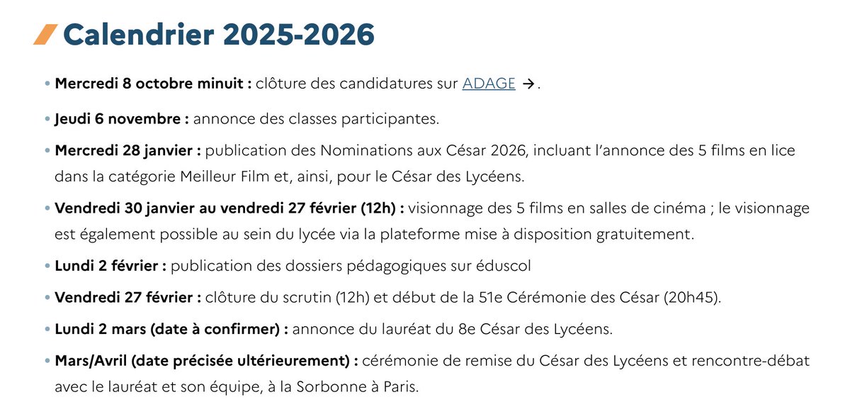 🎦 #Cinéma | #Lycée

🔷 Plus que 3 jours pour inscrire vos classes au #CésarDesLycéens sur #Adage : une occasion unique de familiariser les élèves avec la création cinématographique contemporaine française et de
développer leur #EspritCritique

👉 eduscol.education.fr/3406/cesar-des…