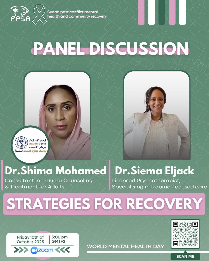 khalidmuka's tweet photo. 📢 Join The Public Health Office &amp;  @Hallahahahah at (FPSA), @u_of_k for:
“Sudan Post-Conflict Mental Health &amp; Community Recovery” 🕊️
🗓️ Oct 10, 2025 | ⏰ 3–7:30 PM Sudan Time
📍 Zoom (Register and have the link)

🔗 Register: https://t.co/Gwm32CPMq6 

#Sudan #MentalHealth https://t.co/3PcSuH2KrK