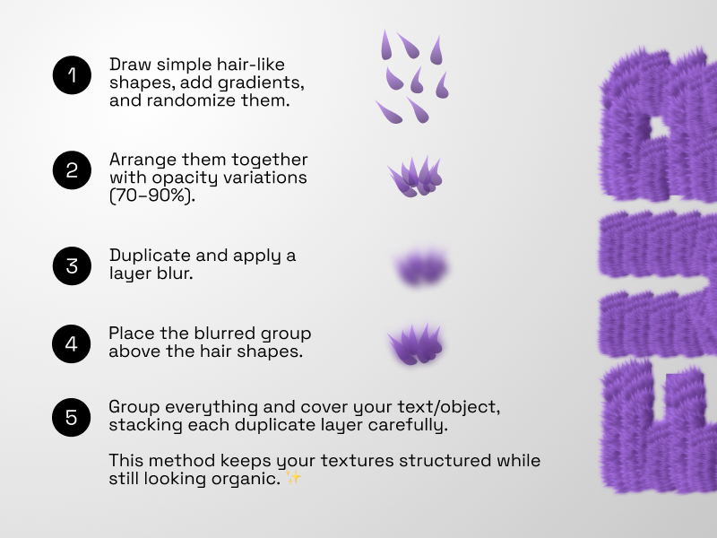 thepixray's tweet image. Here’s a quick tutorial I put together to break down the process of creating realistic fur textures in Figma. 🐾
Pro Tip: For a natural look, focus on consistent grouping (same density of hair per area) and thoughtful placement of each strand. That’s what makes the texture real.