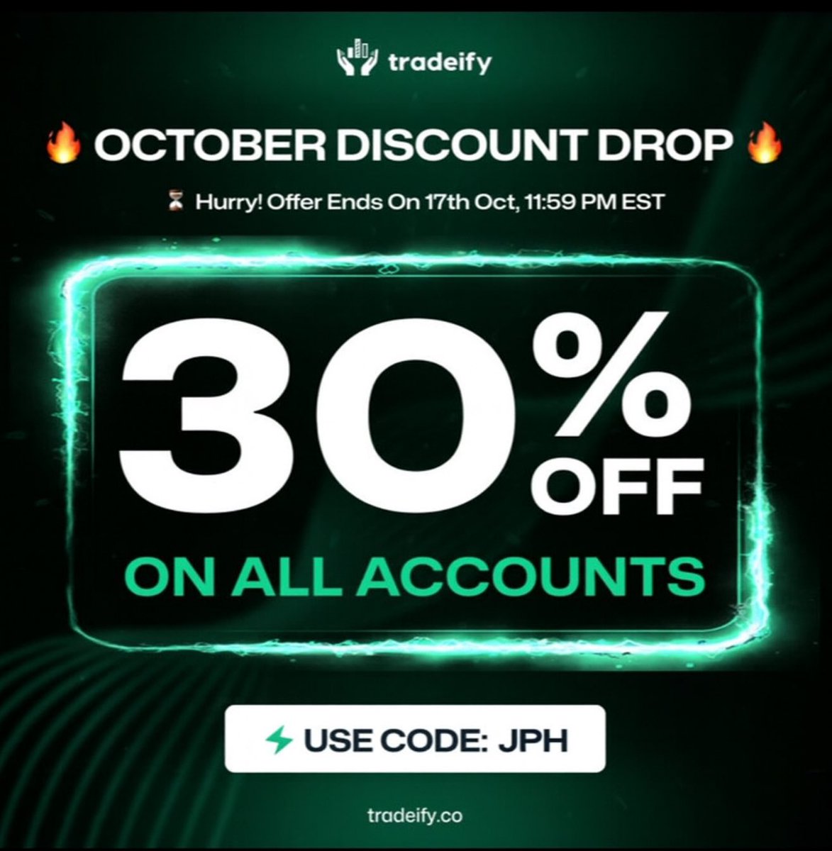 joeyhernandez30's tweet image. 30% OFF ALL EVALUATIONS OCTOBER ONLY.
Use code JPH. 🔥
Skip the evaluation get funded instantly. Copy-trade up to 5 accounts at once. Fast payouts, straight to funded. Don’t miss this October deal.
#UseCodeJPH #InstantFunding #CopyTrade
tradeify.co/?ref=Jh