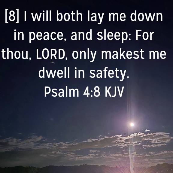 Psalm 4:8 KJV
[8] I will both lay me down in peace, and sleep: For thou, LORD, only makest me dwell in safety.

bible.com/bible/1/psa.4.…