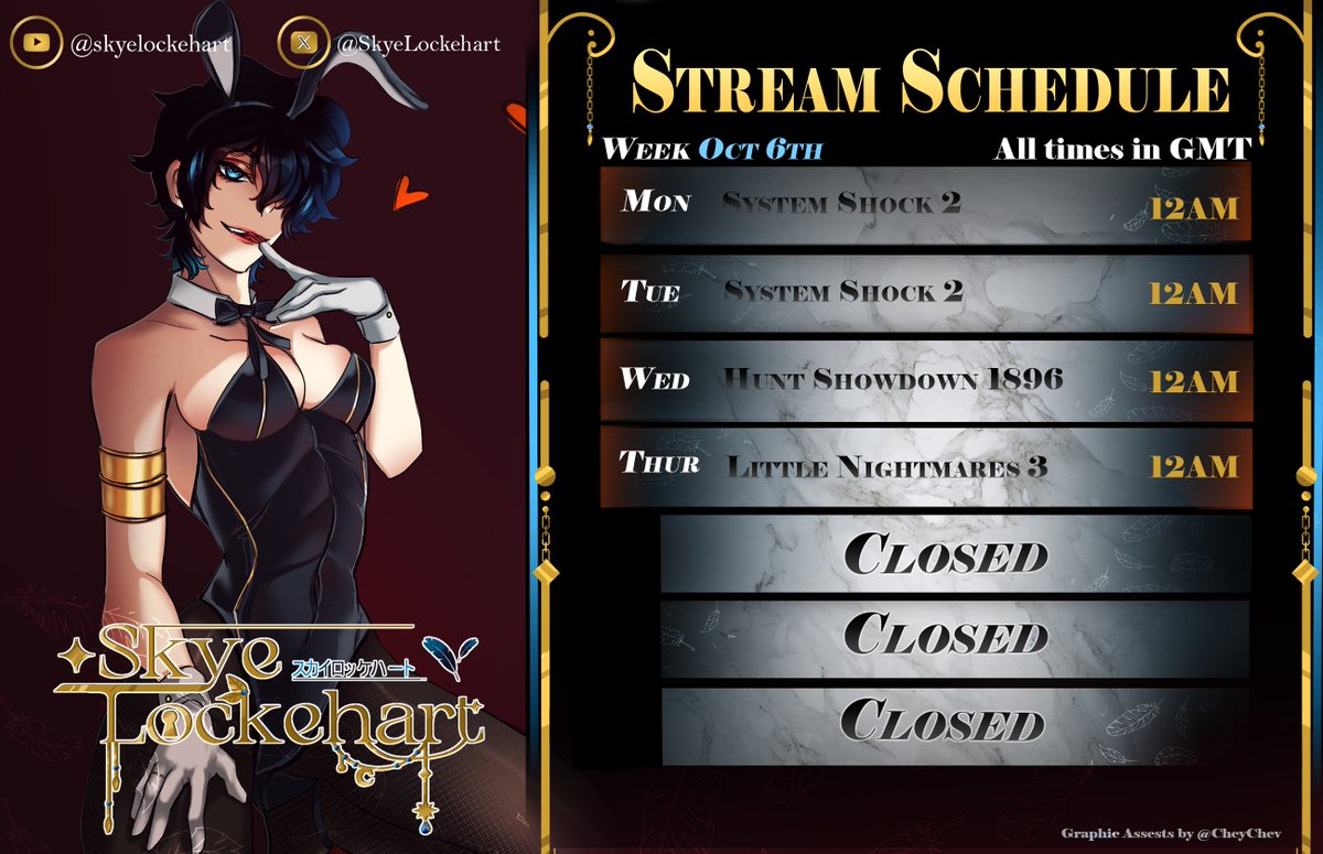 I nearly forgot to post next week's schedule 🤭 Here be more spooky games lined up, see you all there twitch.tv/skyelockehart