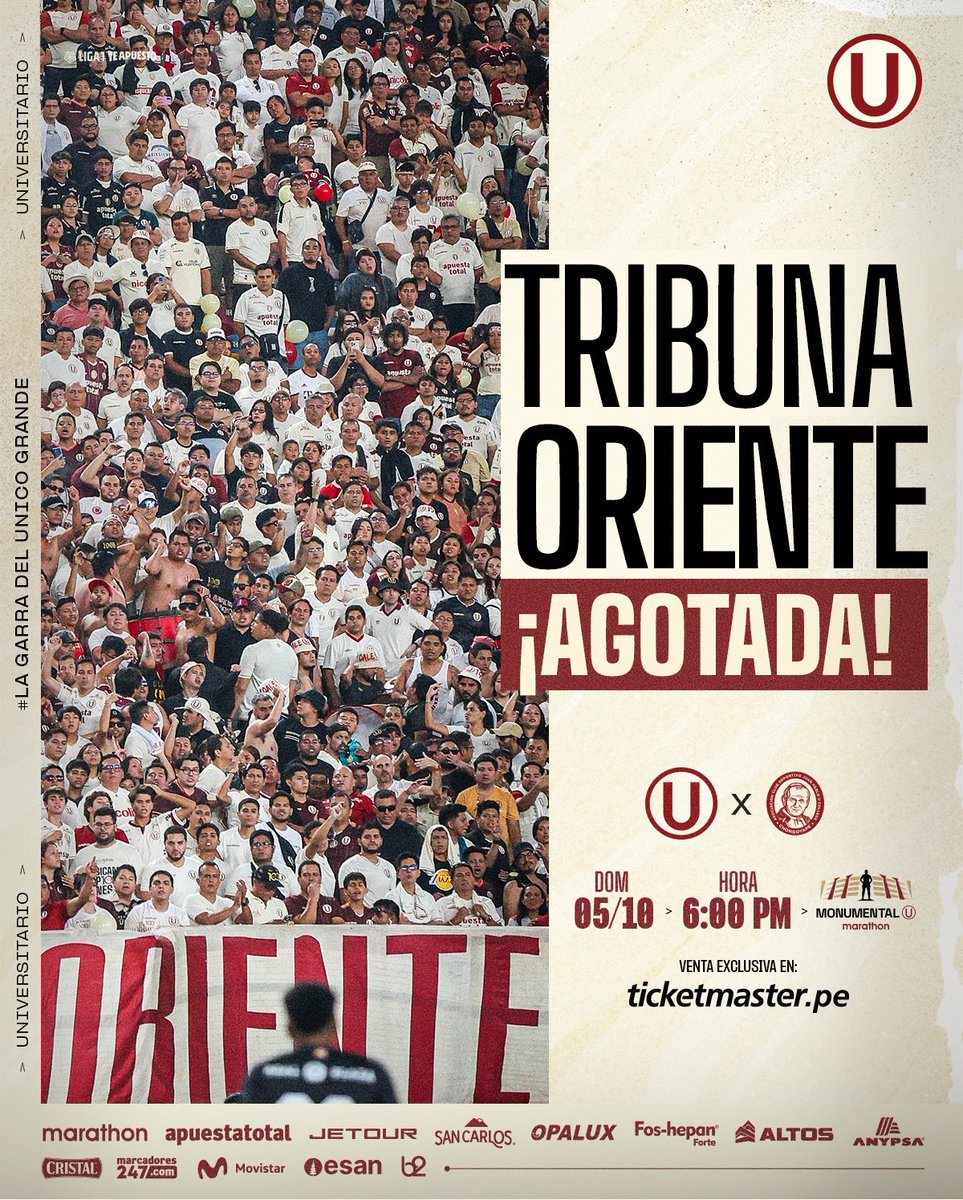𝗧Ⓤ 𝗘𝗥𝗘𝗦 𝗟𝗔 𝗔𝗟𝗘𝗚𝗥𝗜́𝗔 𝗗𝗘 𝗠𝗜 𝗖𝗢𝗥𝗔𝗭𝗢́𝗡... 🎶🥁

Agotamos todas las entradas a la tribuna oriente para nuestro partido de hoy ante Juan Pablo II College.

🎟️ ¡Que las tribunas del <a href="/Monumental_U_/">Estadio Monumental Ⓤ Marathon</a> sean una fiesta! ▶️ bit.ly/48zYQVS