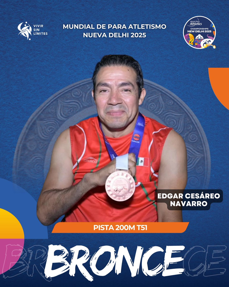 LesterGuantana's tweet photo. 🥉🇲🇽 ¡México cierra con broche de bronce en #NewDelhi2025!

Edgar Cesáreo Navarro marcó 41.65s en los 400m, sumando la última medalla mexicana del Mundial 🙌✨
.
#ParaAtletismo #MéxicoConOrgullo #vivisinlímites https://t.co/IQClUriM6i