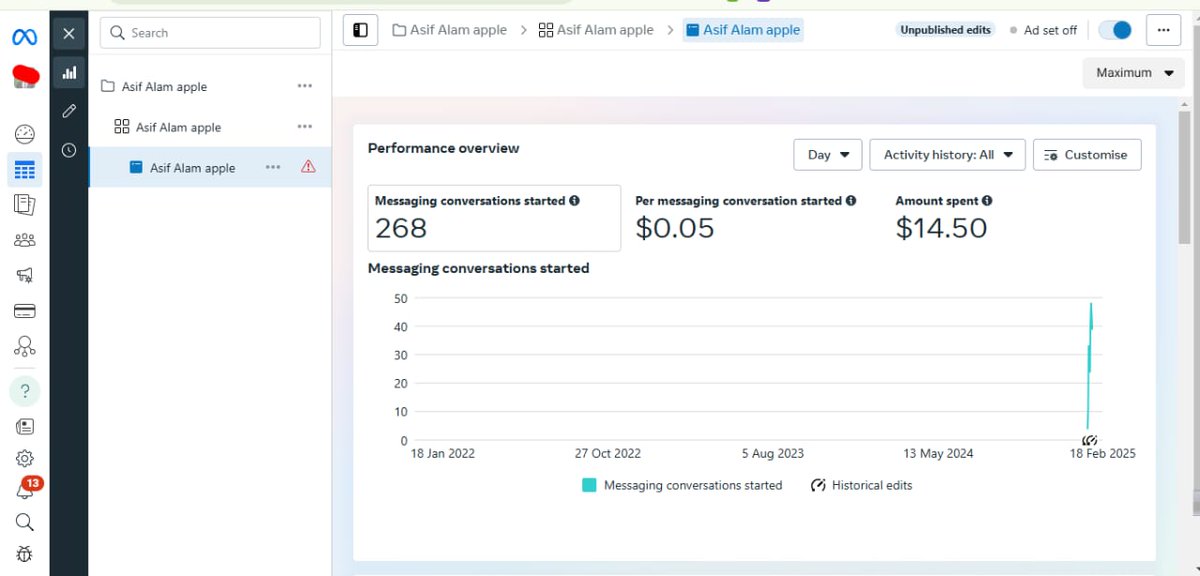 markterdebashis's tweet image. 📊 Performance Overview Breakdown

💬 268 Chats Started – Great engagement! 🔥
💰 $0.05 per chat – Super cost-effective! 😍
💸 $14.50 Spent – Excellent ROI! 🚀
📈 Recent spike = strong performance! ⚡

#FacebookAds #MetaAds #ROI #MessengerAds #BusinessGrowth#marketerdebashis