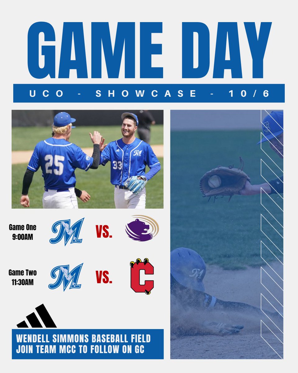 🚨U of Central Oklahoma Showcase🚨

October 6, 2025

G1 9:00AM 
McCook CC v. Butler CC

G2 11:30AM
McCook CC v. Coffeyville CC

Join team MCC to follow on Game-changer