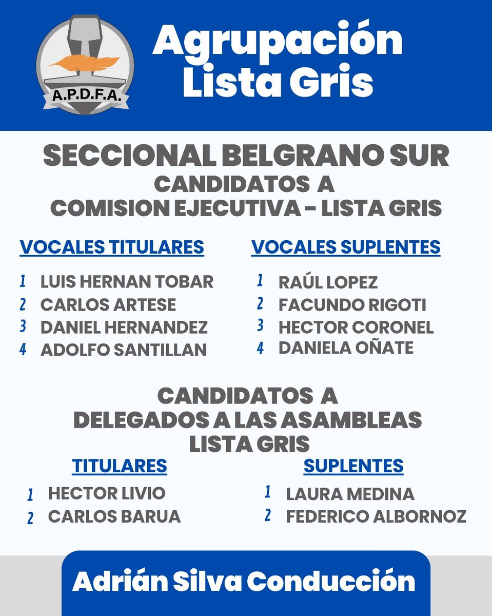Candidatos a Comisión Ejecutiva Seccional Belgrano Sur 
El 27/11/2025 votá Lista Gris 🩶🩶🩶
#Adrian Silva Conducción