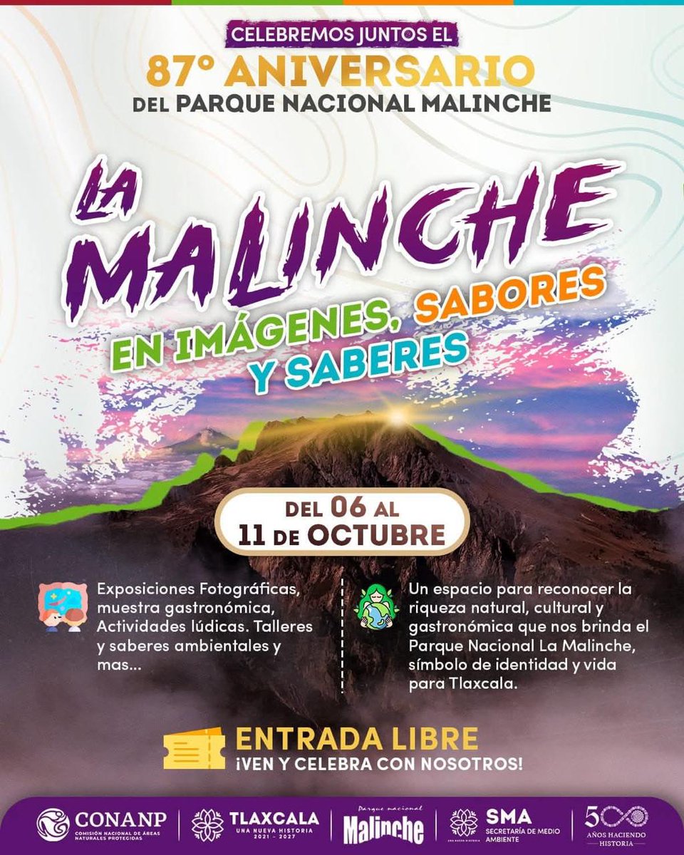 🌳✨ Tlaxcala celebra el 87 aniversario del Parque Nacional La Malinche con una semana cultural y ambiental que se llevará a cabo del 6 al 11 de octubre.

La <a href="/SMA_Tlx/">Secretaría de Medio Ambiente de Tlaxcala</a> y la #Conanp invitan a las y los tlaxcaltecas a participar en actividades artísticas, académicas, gastronómicas y
