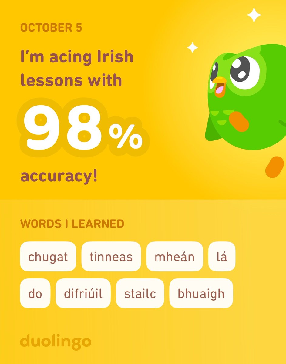 I’m learning Irish on Duolingo! It’s free, fun, and effective.