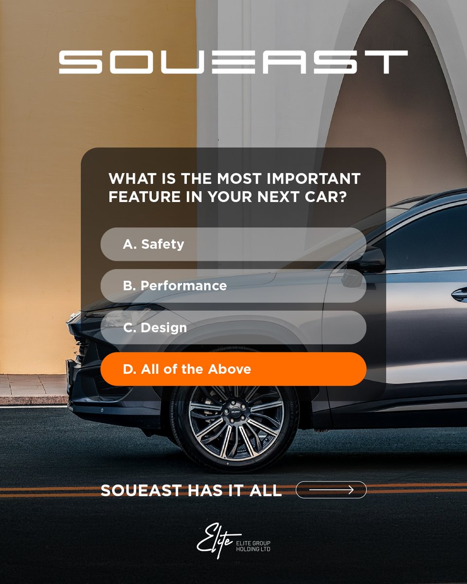 SOUEASTUAE's tweet image. Safety, Performance, and Design. #SOUEAST has it all!

كل ما تبحث عنه: سلامة، أداء، وتصميم — تجده مع سوايست.

#EaseYourLife #SOUEASTUAE #EliteGroupHolding