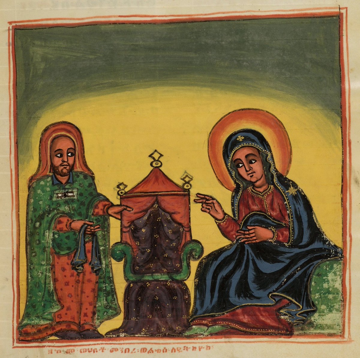 ArtEthiopic's tweet photo. St Mary giving a throne and some clothes to St Ildefonsus, seventh-century bishop of Toledo in Spain 🇪🇸
Ethiopia, 18th c. (?) #StMary #ildefonsus #daqseyos #miraclesofmary #africanart https://t.co/cCnPrhVIGK