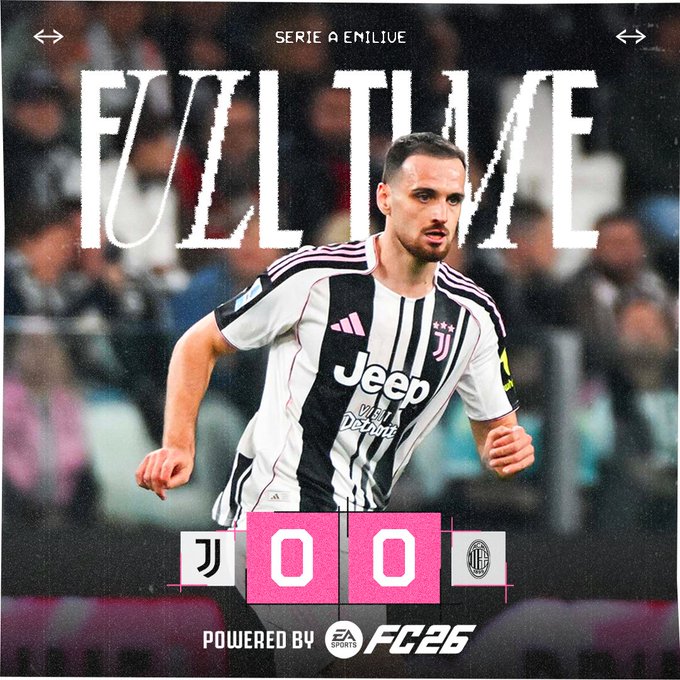 A soccer player in a black and white striped Juventus jersey with the Jeep logo, running on a field. The text "FULL TIME" is prominently displayed in large white letters. A scoreboard shows Juventus (J) 0 and Milan (M) 0. The text "SERIE A EMILIVE" and "POWERED BY EA FC26" is visible at the top and bottom.
