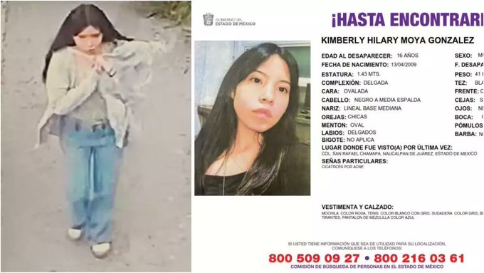 A photo of Kimberly Hilary Moya González, a young woman with long dark hair, wearing a light-colored cardigan over a dark top and light blue jeans, walking outdoors. Next to the photo, a document with text and her image, including her name, age, and details about her disappearance, with contact information for reporting sightings.