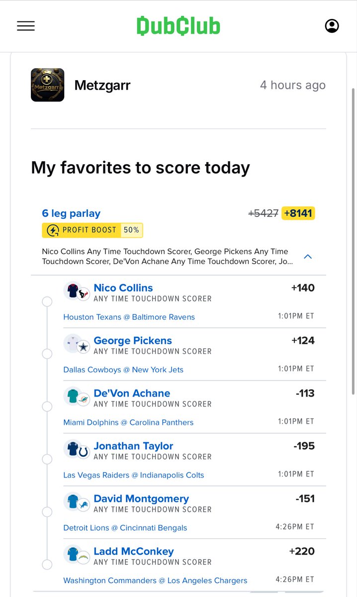 Metzgarr's tweet image. We just need David Montgomery to cash us out 👀 

I’ll do a giveaway if this hits 🔥💸

dubclub.win/Metzgarr