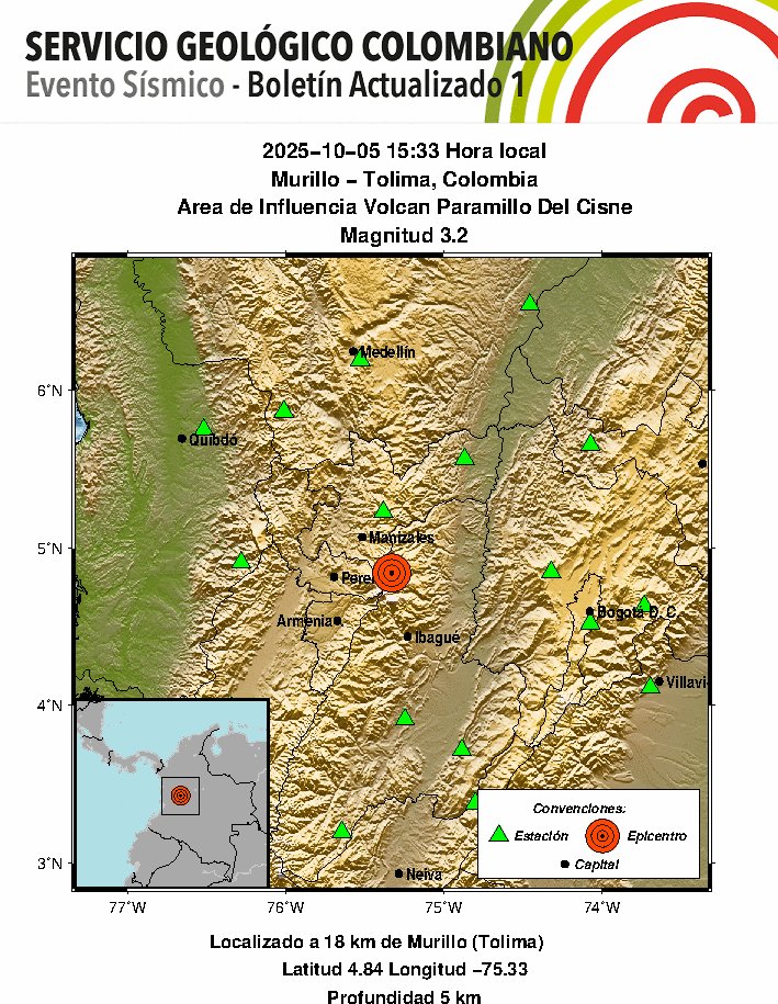 #SismosColombiaSGC Evento Sísmico - Boletín Actualizado 1, 2025-10-05, 15:33 hora local Magnitud 3.2, Profundidad 5 km, Murillo - Tolima, Colombia - Area de Influencia ... ¿Sintió este sismo? repórtelo sismosentido.sgc.gov.co sgc.gov.co/sismos #Temblor #Sismo
