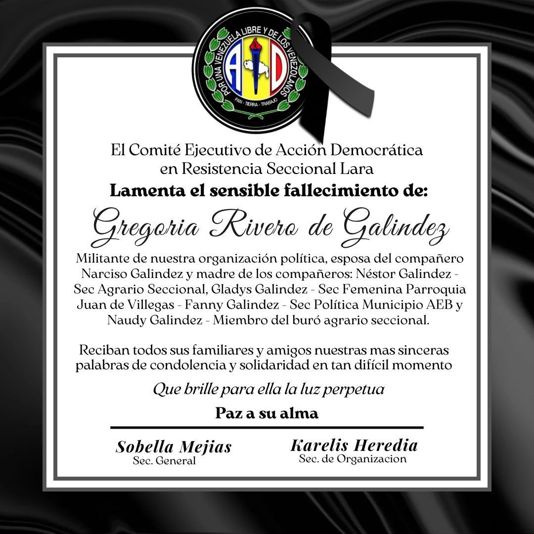 Secretaría de Organización AD en Resistencia Lara (@adorg_laraof) on Twitter photo #5Oct Guardia de honor ante los restos mortales de la compañera Gregoria Rivero de Galindez por parte de <a href="/SobellaMejias/">Sobella Mejías</a> secretaria general de <a href="/ADemocratica/">Acción Democrática</a> Lara en Resistencia, y demás autoridades del CES y CEP Juan de Villegas. #5Oct Guardia de honor ante los restos mortales de la compañera Gregoria Rivero de Galindez por parte de <a href="/SobellaMejias/">Sobella Mejías</a> secretaria general de <a href="/ADemocratica/">Acción Democrática</a> Lara en Resistencia, y demás autoridades del CES y CEP Juan de Villegas.