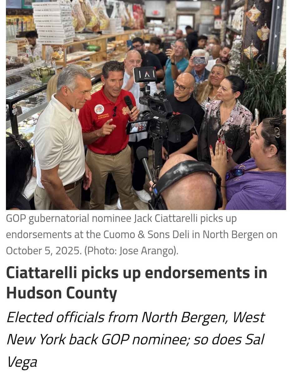 wakeupnj's tweet photo. More Democrats are flocking to Vote And Endorse Republicans, this time in Husdon County! Let's go

They are sick on the non sense going on in Jersey

Republican Jack Ciattarelli walked into Cuomo & Sons Deli in North Bergen today and left with endorsements from the most solidly Democratic county in New Jersey history.

The GOP candidate for governor was endorsed by two local elected officials from North Hudson:  North Bergen Commissioner Allen Pascual and West New York Commissioner Marcos Arroyo.

Ciattarelli also picked up the backing of former West New York Mayor and Assemblyman Sal Vega, and former West New York Commissioner Alberto Rodriguez.

North Bergen Commissioner Anthony Vainieri, Jr., a former Hudson County Democratic Chairman and chairman of the Hudson County Board of Commissioners, is also expected to endorse Ciattarelli over Democrat Mikie Sherrill, maybe as early as this week