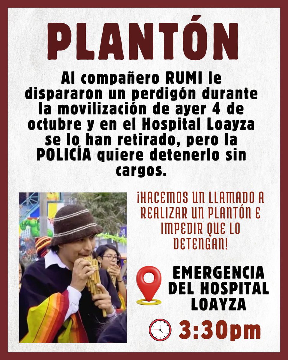 ¡Es demasiado! La Policía le disparó anoche a Rumi, lo dejaron sin atención médica, luego fueron al hospital para intentar llevarse los perdigones que tenía en el cuerpo y ahora quieren detenerlo. Son una vergüenza. No permitamos este abuso.