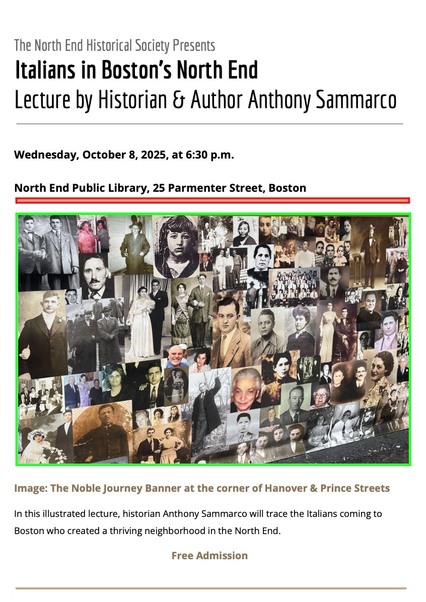 Wednesday, October 8 at 6:30
Italians in Boston's North End
Free public lecture at North End Public Library
In celebration of #Italian Heritage Month
