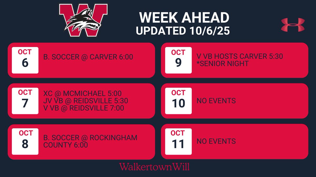 Walkertown Athletics (@walkertown_ad) on Twitter photo Athletic Event Schedule for the week of 10/6. Come out and support the Pack! #OnePack <a href="/WalkertownHigh/">Walkertown High</a> <a href="/wsfcs/">WS/FC Schools</a> athletics Athletic Event Schedule for the week of 10/6. Come out and support the Pack! #OnePack <a href="/WalkertownHigh/">Walkertown High</a> <a href="/wsfcs/">WS/FC Schools</a> athletics