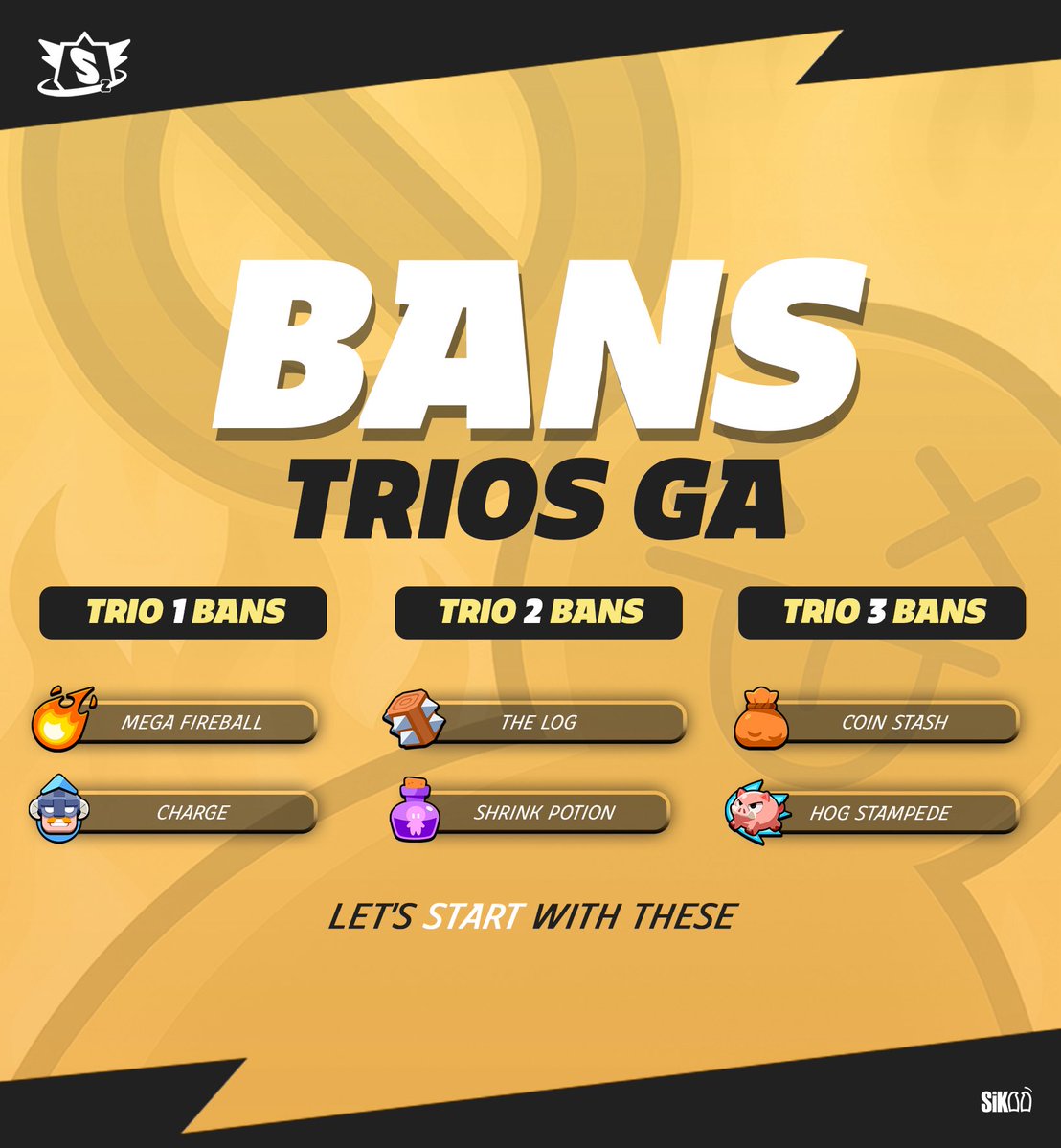 Spazio Info 👽

Bans - in this 5th edition the bans will be sent by each trio. Each trio will be allowed to ban at least 2 skills, so we could have up to 6 skills banned in the games.

This edition is just around the core 3vs3vs3

#SpazioLeague soon!